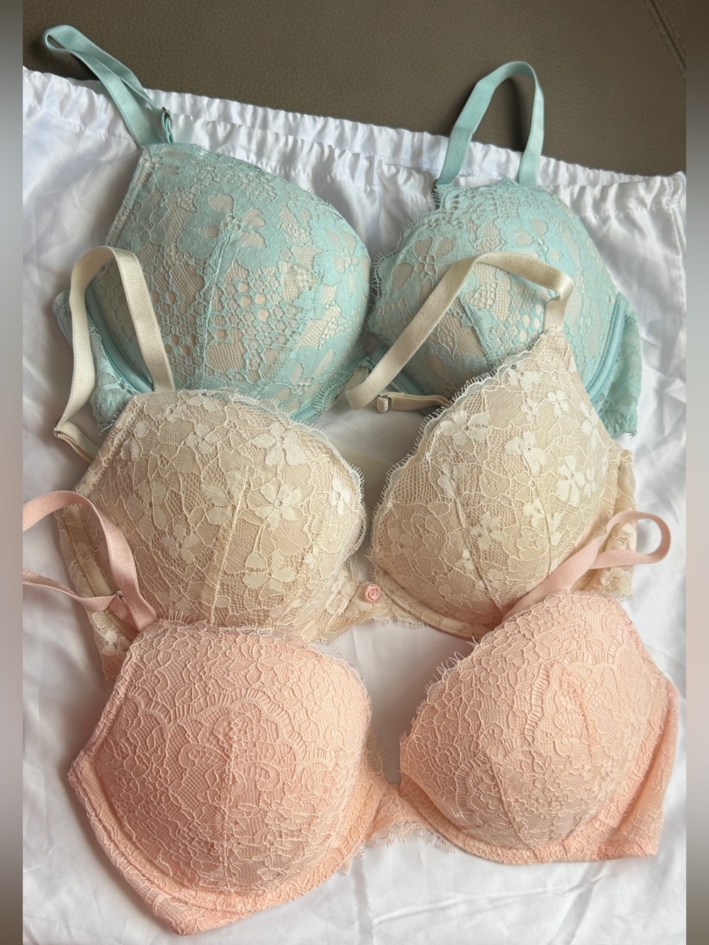Victoria's Secret Lace Push-Up Bras in Mint, Beige & Peach